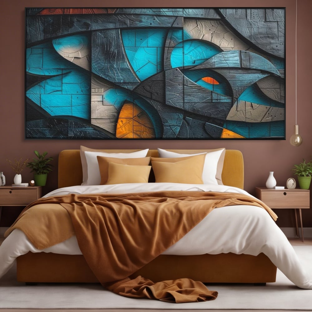 Tablou canvas cu tablou abstract cu forme geometrice din lemn, in rama de aluminiu negru, pe perete intr-un dormitor